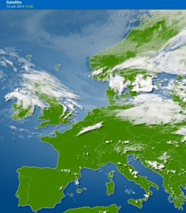 Europe at 12:00 PM, some more cloud cover over Italy