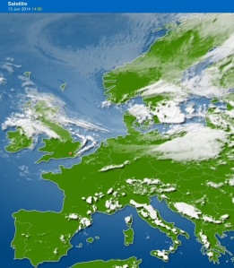 Europe 14:00 Cloud cover over Italy and Alps area increasing along with NE Spain